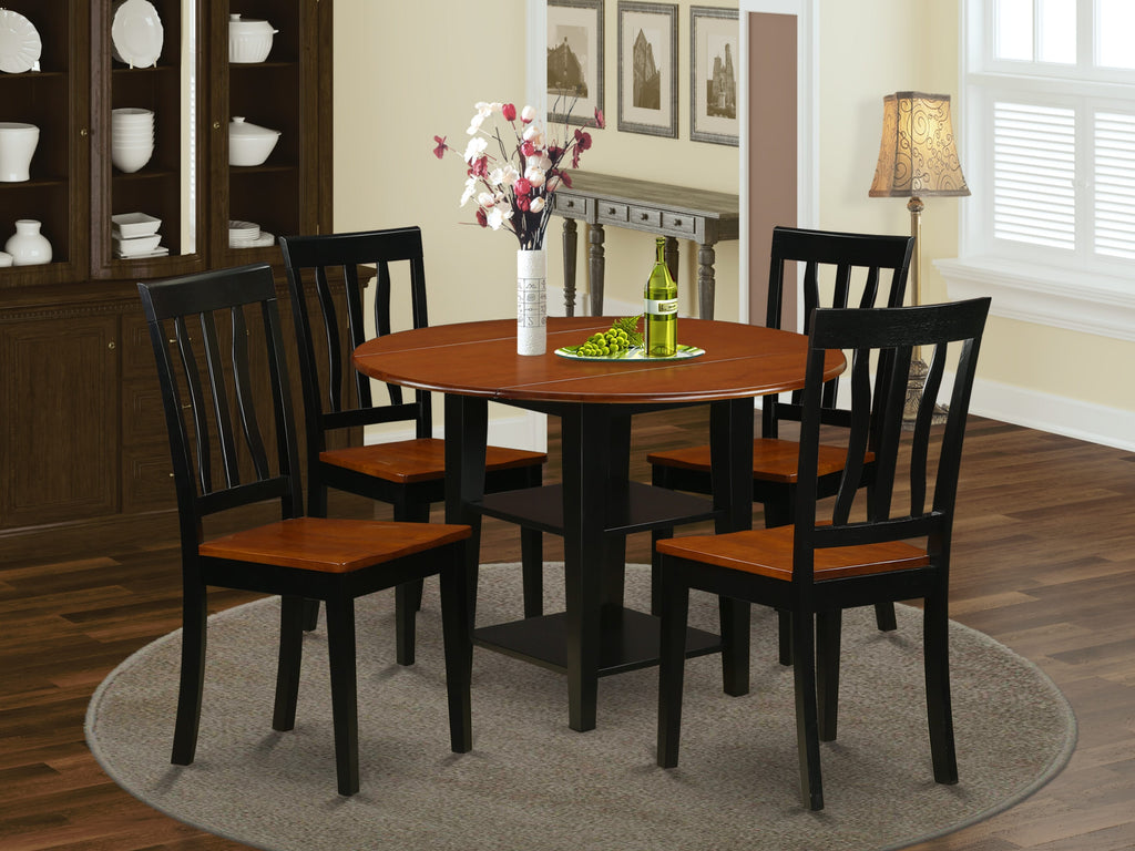 SUAN5-152-H Dining Set Ensemble for Cozy Affairs with Round Table, Dropleaf, Storage, and 4 Elegantly Designed Chairs in Black & Cherry, 42x42
