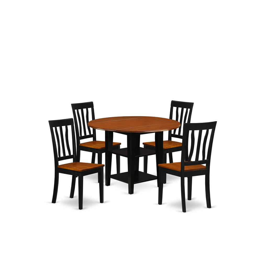SUAN5-152-H Dining Set Ensemble for Cozy Affairs with Round Table, Dropleaf, Storage, and 4 Elegantly Designed Chairs in Black & Cherry, 42x42
