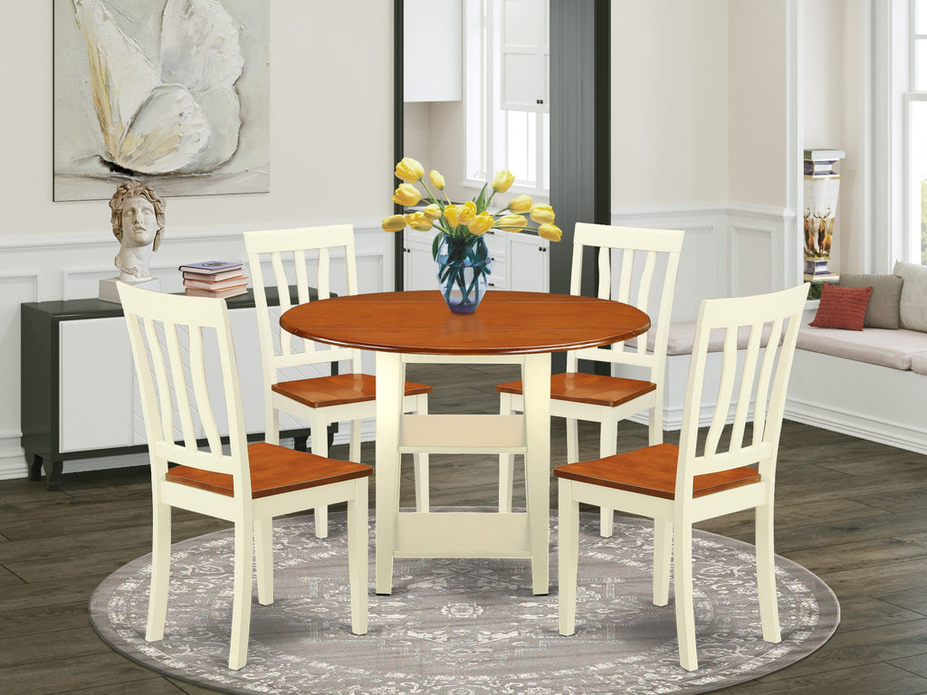 SUAN5-CUH-Z 5 Piece Contemporary Table Set with Round Dropleaf Table & Shelves Plus 4 Chairs in Buttermilk & Cherry