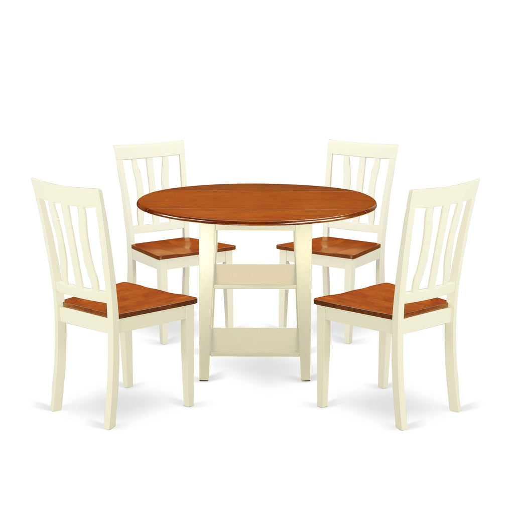 SUAN5-CUH-Z 5 Piece Contemporary Table Set with Round Dropleaf Table & Shelves Plus 4 Chairs in Buttermilk & Cherry