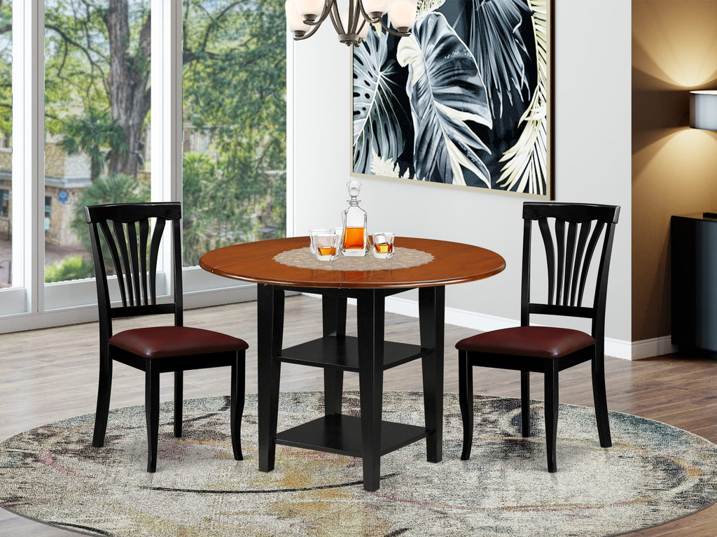 SUAV3-BFW-AA 3 Pc Dining Ensemble Round Dropleaf Table with Storage & 2 Black Faux Leather Chairs, 42 Black Cherry Finish