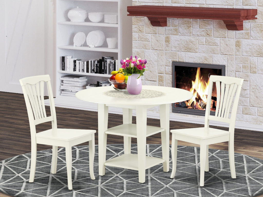 SUAV3-L1H-4 3 Pc Dining Set with Round Drop Leaf Table & 2 Chairs, Linen White Finish, 42x42