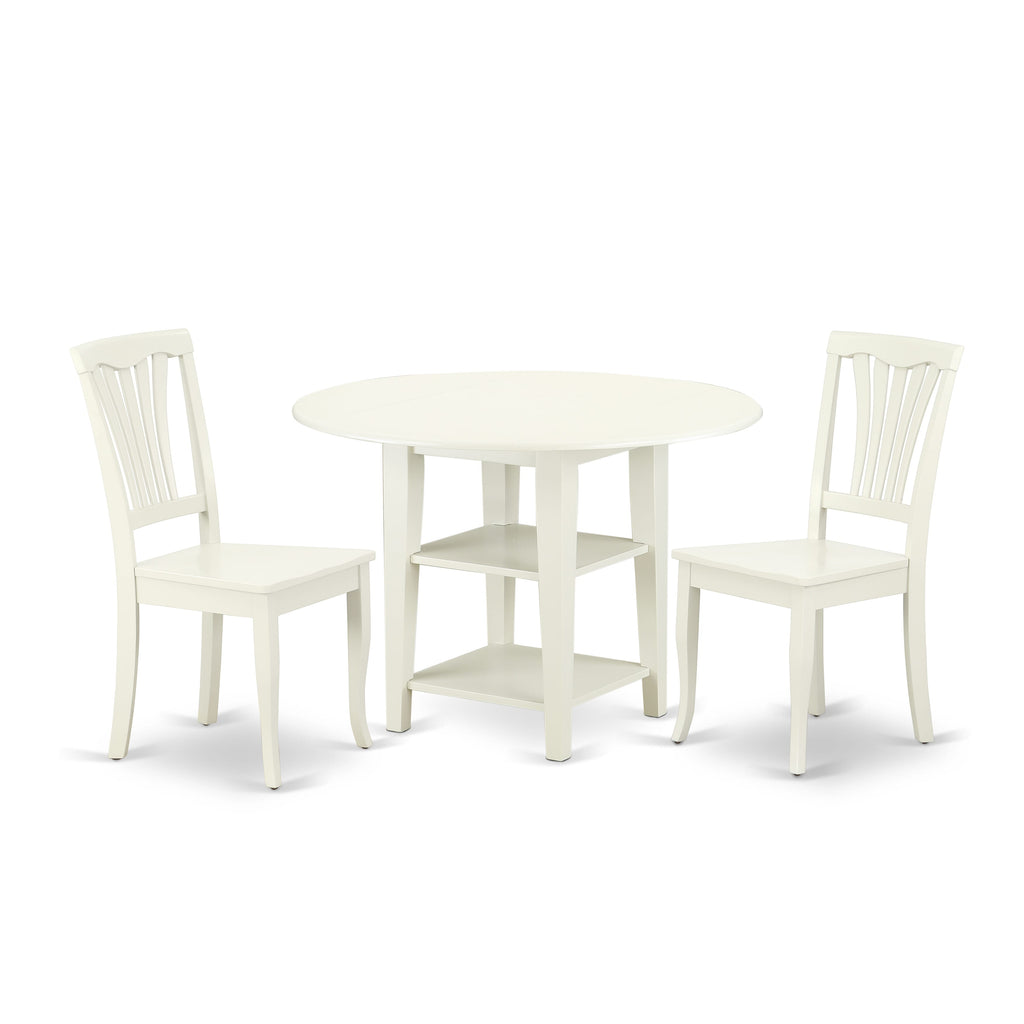 SUAV3-L1H-4 3 Pc Dining Set with Round Drop Leaf Table & 2 Chairs, Linen White Finish, 42x42