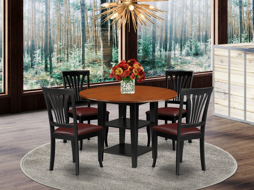 SUAV5-LK0-NX 5-Piece Round Dining Ensemble with Dropleaf Table & Faux Leather Seating for Four, 42 Black Cherry Finish