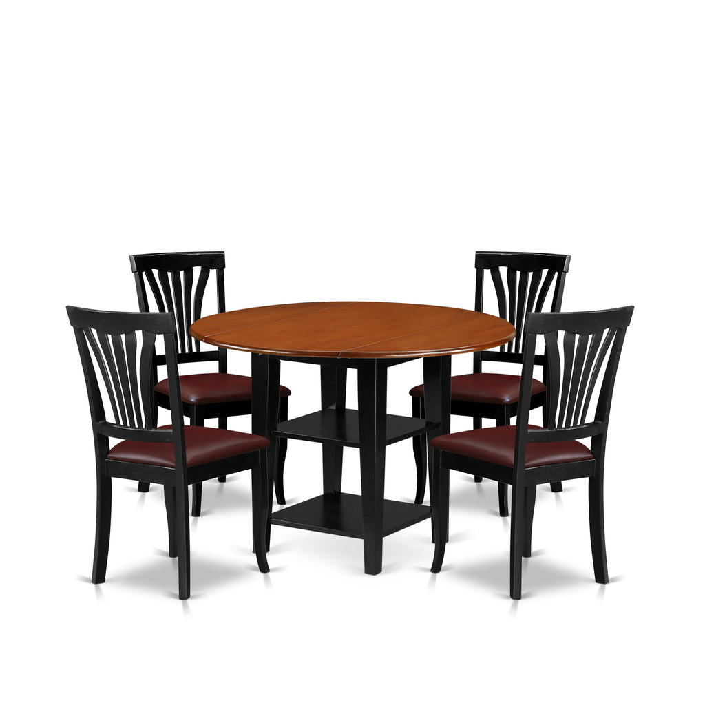SUAV5-LK0-NX 5-Piece Round Dining Ensemble with Dropleaf Table & Faux Leather Seating for Four, 42 Black Cherry Finish