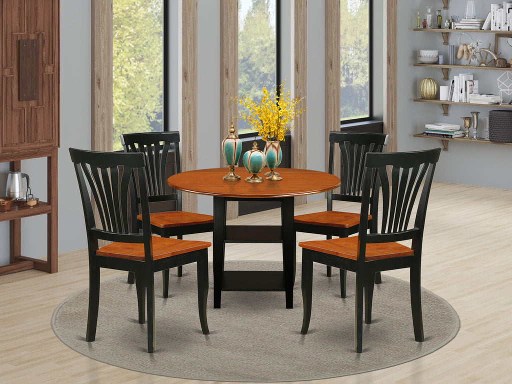SUAV5-FYX-R Sophisticated 5 Pc Dining Ensemble Round Drop-leaf Table, Shelved Base - Set of 4 Wood Chairs in Black & Cherry Finish, 42
