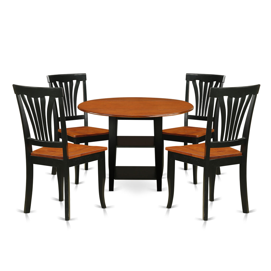SUAV5-FYX-R Sophisticated 5 Pc Dining Ensemble Round Drop-leaf Table, Shelved Base - Set of 4 Wood Chairs in Black & Cherry Finish, 42