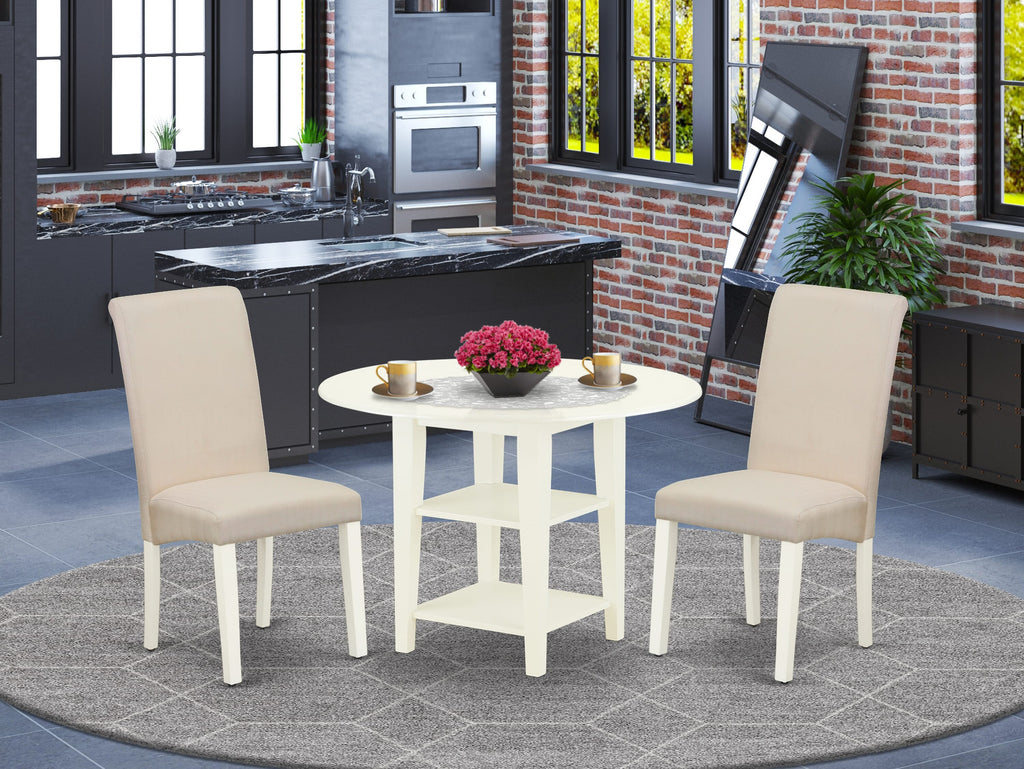 SUBA3-HEU-W2 3-Piece Dining Ensemble with Extendable Round Table & Cream Chairs, 42x42