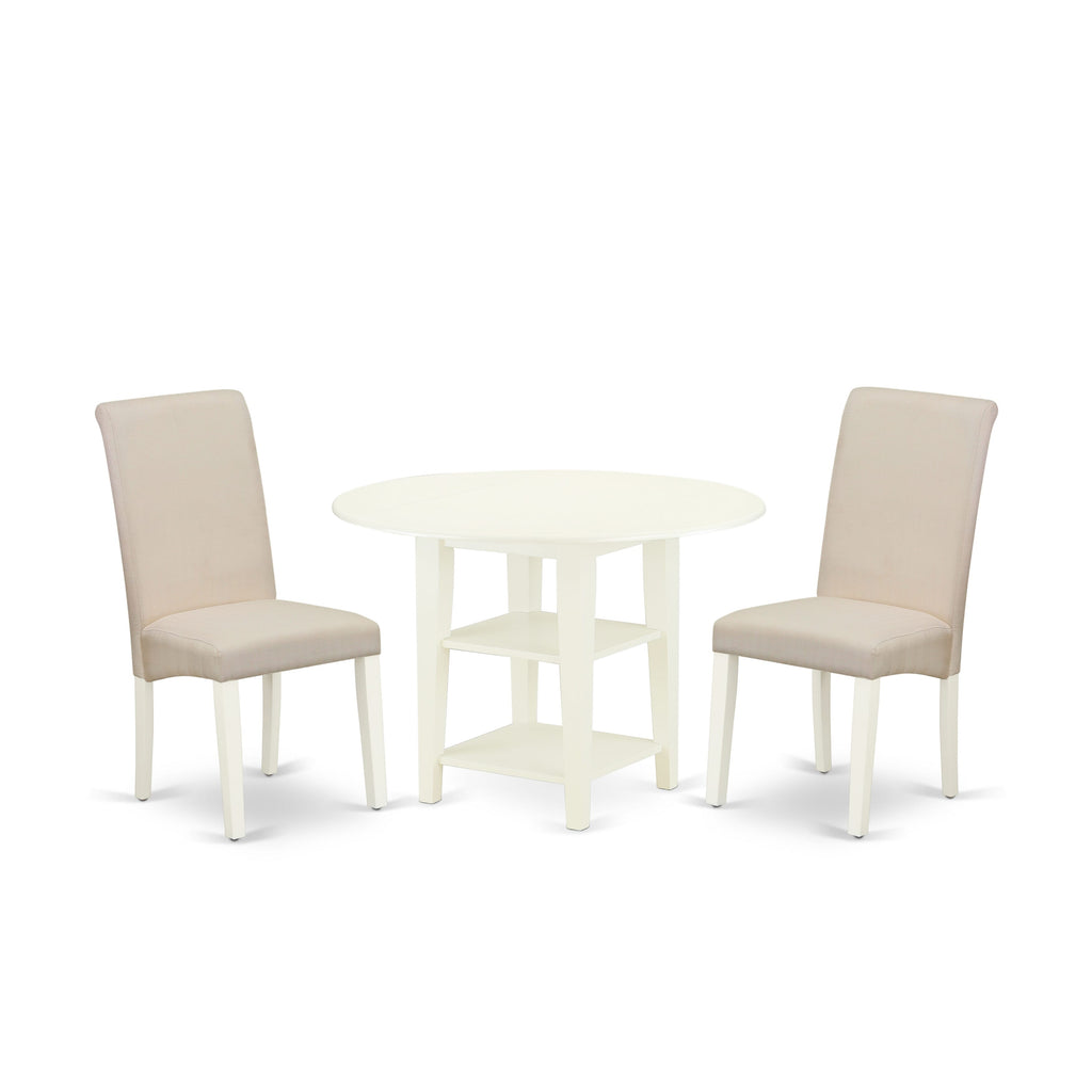 SUBA3-HEU-W2 3-Piece Dining Ensemble with Extendable Round Table & Cream Chairs, 42x42