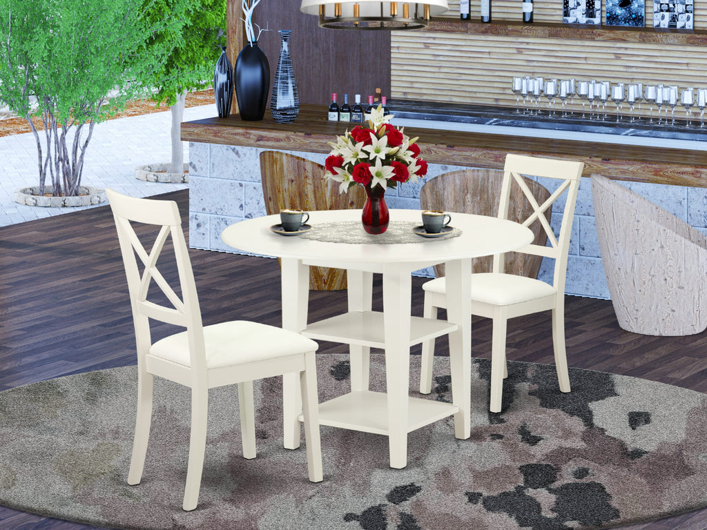 SUBO3-4HU-UM Dropleaf Table & Shelf Dining Set with Leather Seat Chairs, 3pc White Wood Design, 42