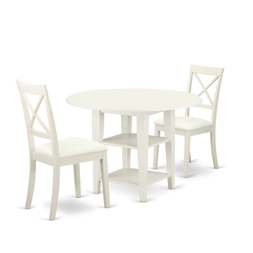 SUBO3-4HU-UM Dropleaf Table & Shelf Dining Set with Leather Seat Chairs, 3pc White Wood Design, 42