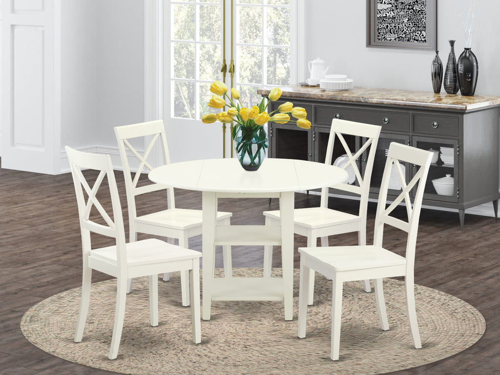 SUBO5-G7D-8 Sophisticated 5 Piece Round White Dining Set with Drop Leaf Table & Chairs, Storage Shelves - 42x42