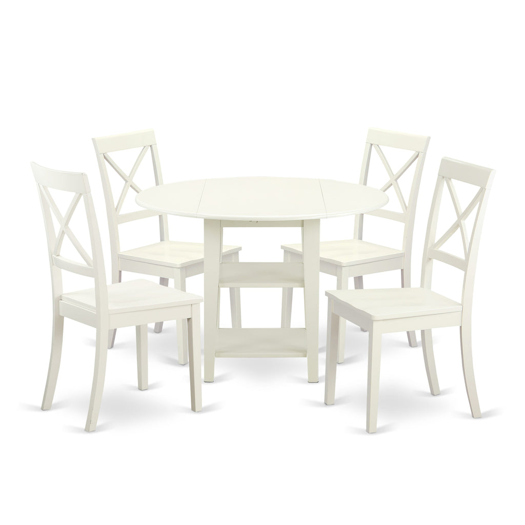 SUBO5-G7D-8 Sophisticated 5 Piece Round White Dining Set with Drop Leaf Table & Chairs, Storage Shelves - 42x42