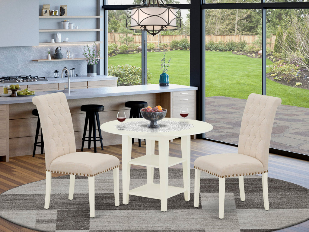 SUBR3-SRY-I4 Stylish Dining Ensemble Round Drop Leaf Table W/ Storage + 2 Beige Upholstered Chairs, 42 - Elegant White