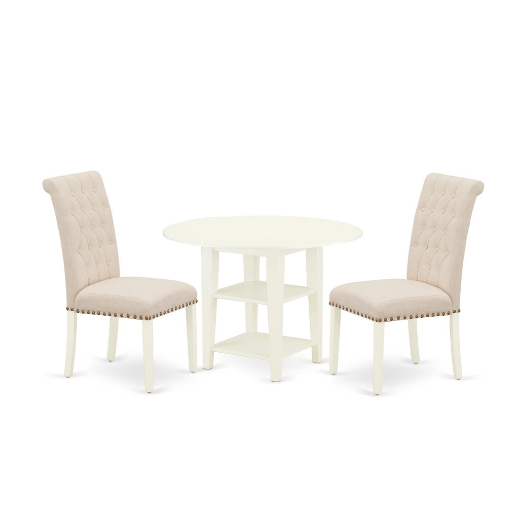 SUBR3-SRY-I4 Stylish Dining Ensemble Round Drop Leaf Table W/ Storage + 2 Beige Upholstered Chairs, 42 - Elegant White