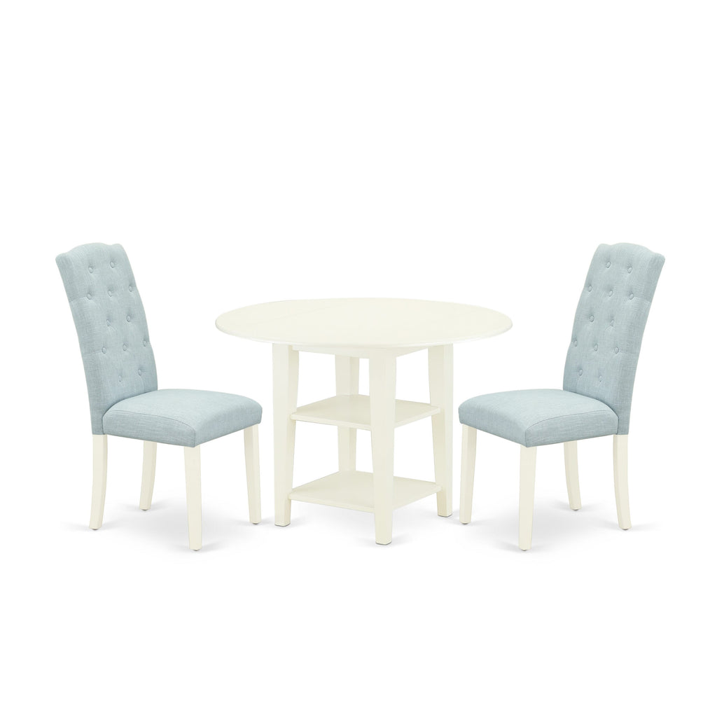 SUCE3-25Z-UO 3-Piece Dining Ensemble Round Table with Drop Leaf and Storage & 2 Chairs in Linen Blue, 42 White Finish