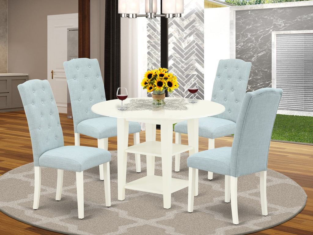 SUCE5-Y0Q-GC 5-Piece Dining Set with Round Table, Drop Leaf, Storage & Four Linen Blue Chairs