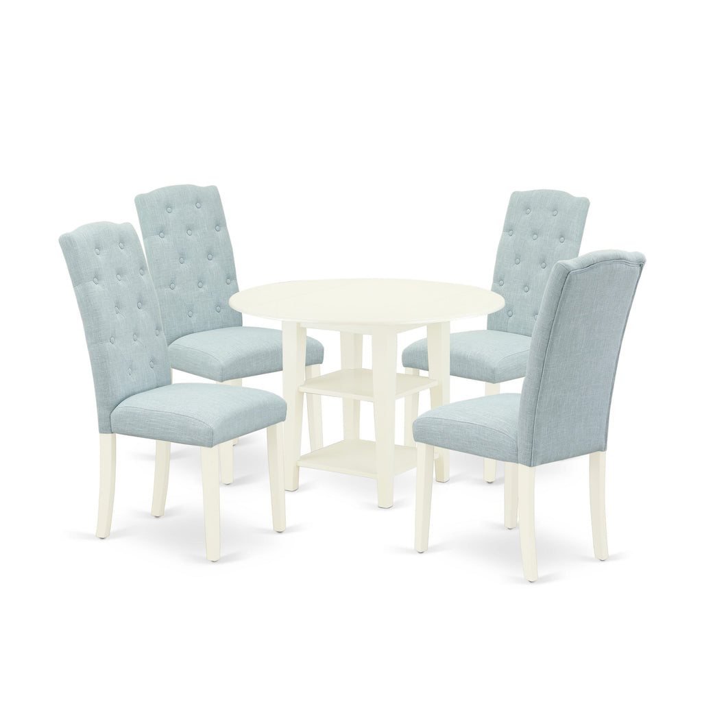 SUCE5-Y0Q-GC 5-Piece Dining Set with Round Table, Drop Leaf, Storage & Four Linen Blue Chairs