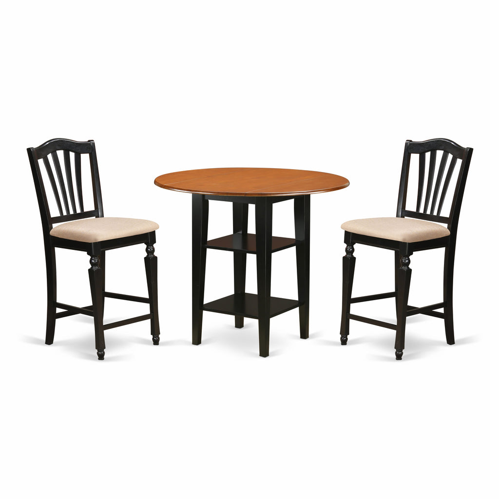 SUCH3V-4DO-R 3-Piece High Table Set w/ Dropleaf & Shelves, 2 Fabric Seats, 42 Inch, Black & Cherry