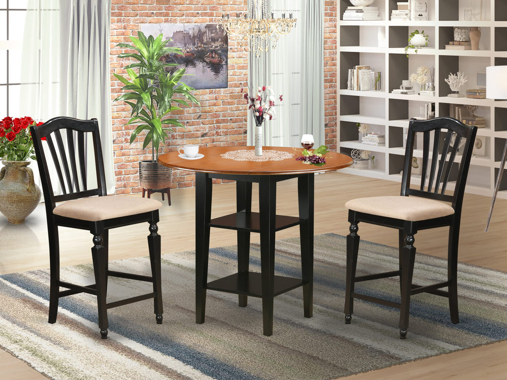 SUCH3V-4DO-R 3-Piece High Table Set w/ Dropleaf & Shelves, 2 Fabric Seats, 42 Inch, Black & Cherry