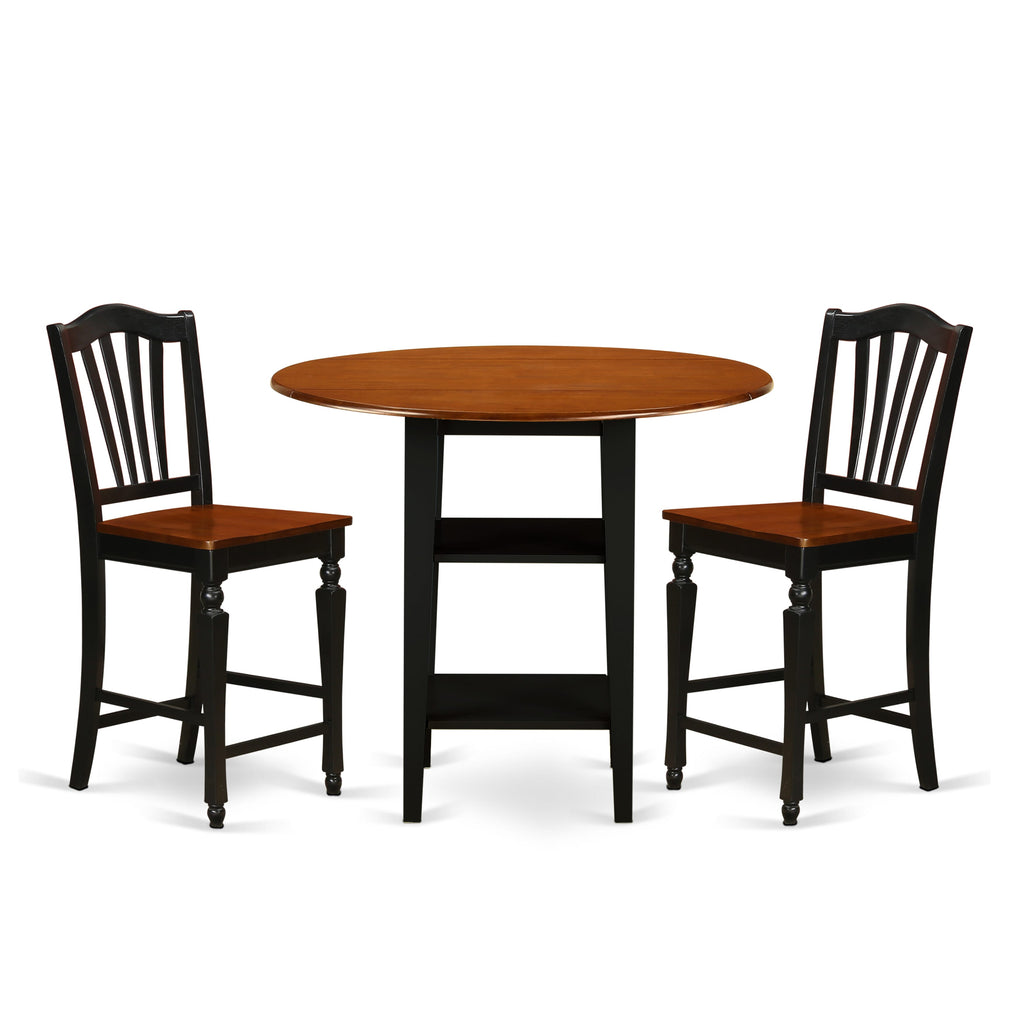 3-Piece Counter Height Set with Shelved Drop Leaf Table - SUCH3N-O1I-K - Black & Cherry Design