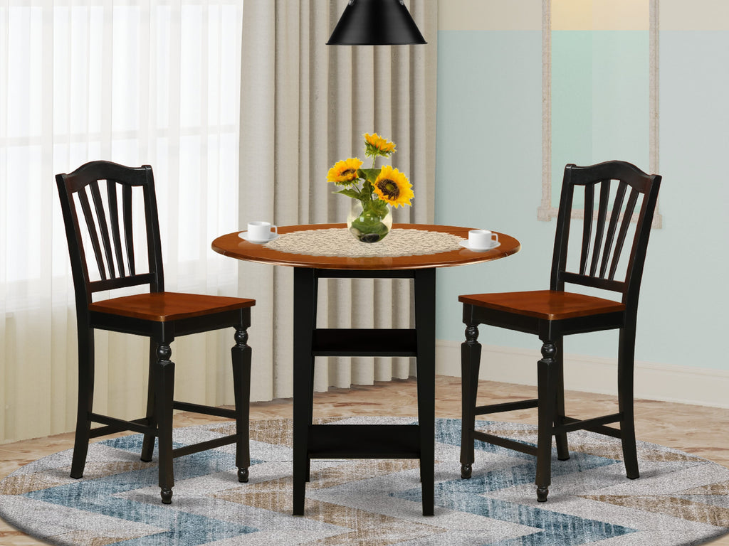 3-Piece Counter Height Set with Shelved Drop Leaf Table - SUCH3N-O1I-K - Black & Cherry Design