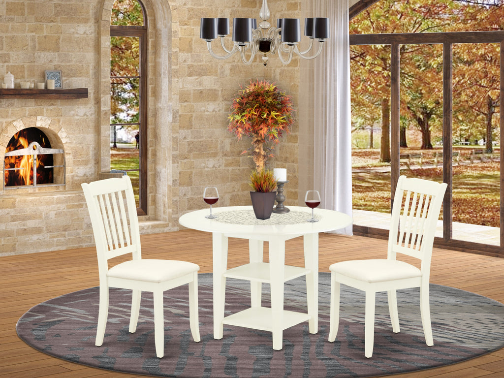 SUDA3-XKS-8 Dropleaf 3-Piece Dining Ensemble with Shelved Table & 2 Upholstered Chairs, 42 Linen White