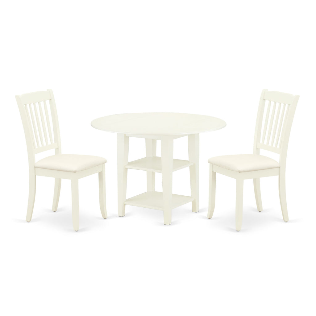 SUDA3-XKS-8 Dropleaf 3-Piece Dining Ensemble with Shelved Table & 2 Upholstered Chairs, 42 Linen White
