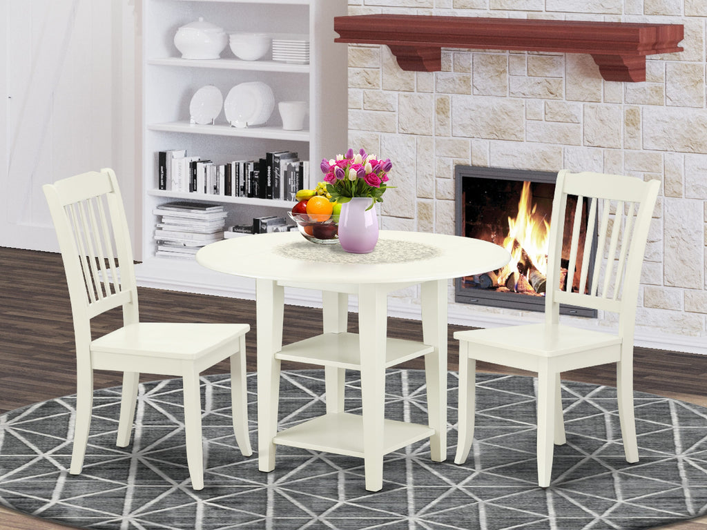 SUDA3-D1E-O Expandable Dining Set with Storage Shelves & 2 Chairs, 42x42 Linen White Finish