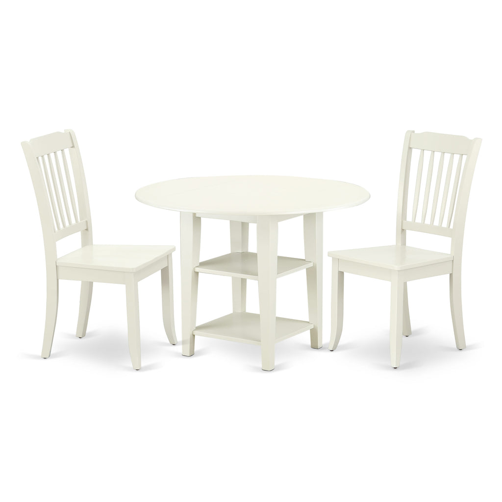 SUDA3-D1E-O Expandable Dining Set with Storage Shelves & 2 Chairs, 42x42 Linen White Finish