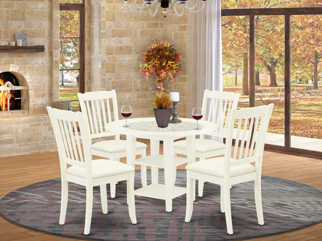 SUDA5-1MC-K 5-Piece Linen White Dining Set with Round Dropleaf Table & Upholstered Seats