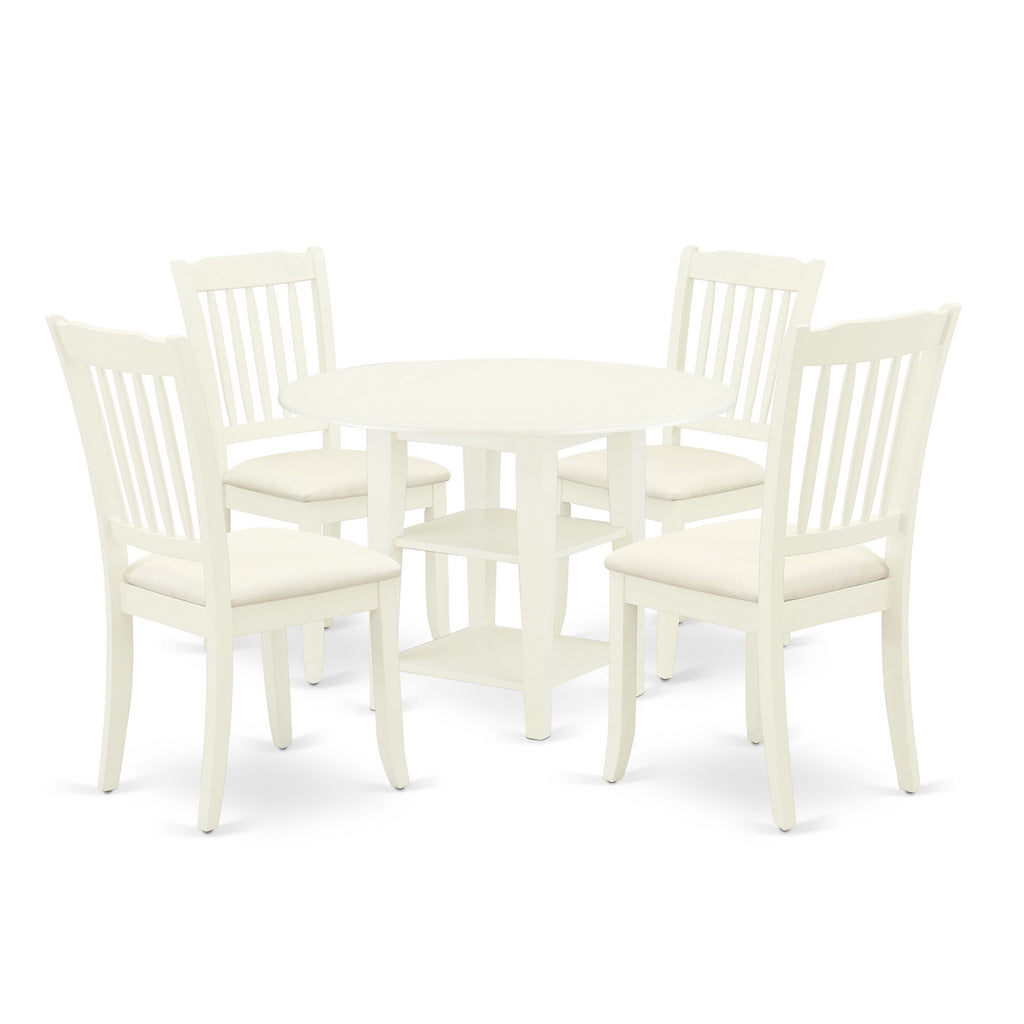 SUDA5-1MC-K 5-Piece Linen White Dining Set with Round Dropleaf Table & Upholstered Seats