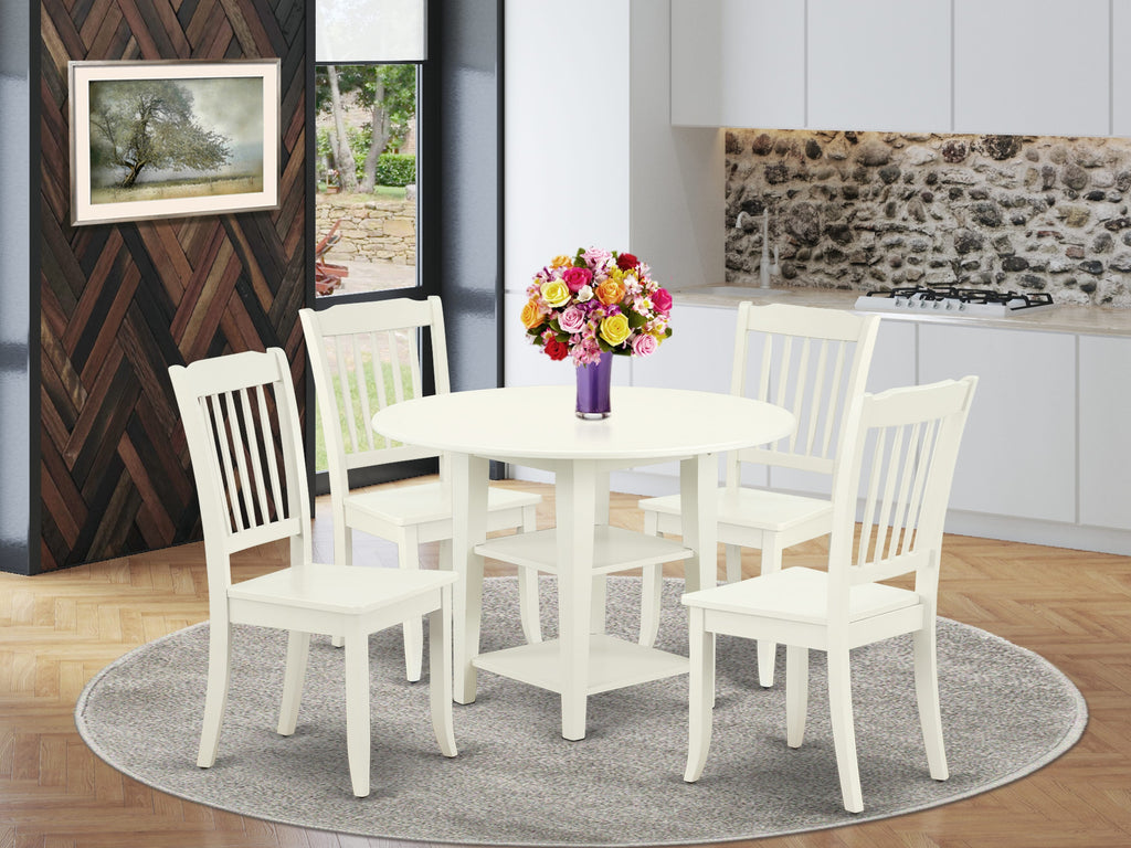 SUDA5-EVY-7 7-Piece Dining Collection with Round Table and Shelves, Seats 4, Linen White Finish