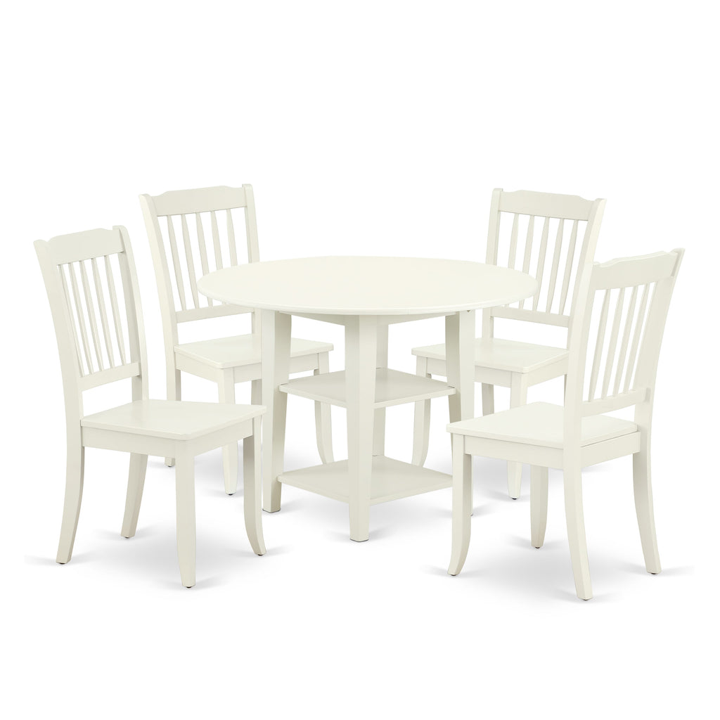 SUDA5-EVY-7 7-Piece Dining Collection with Round Table and Shelves, Seats 4, Linen White Finish