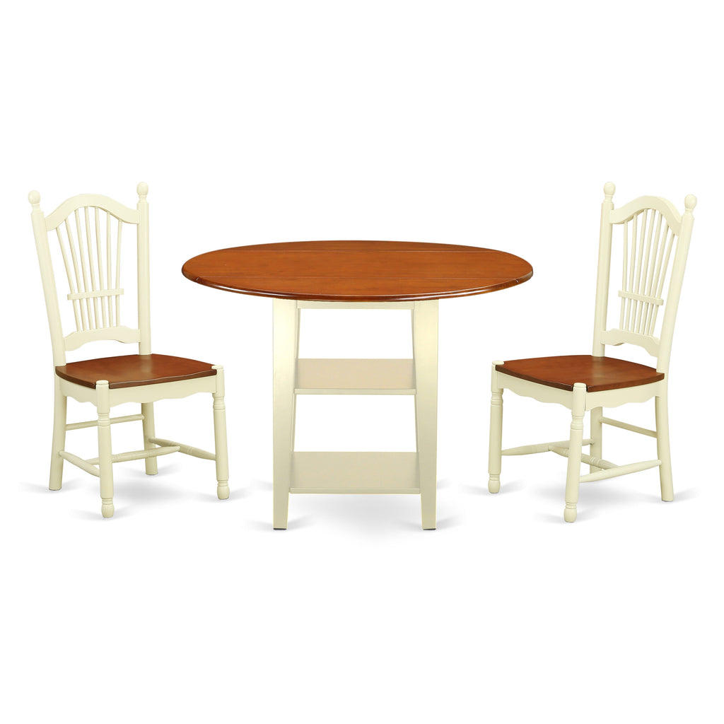 SUDO3-934-O Small Space Dining Suite Round Dropleaf Table & 2 Chairs, Buttermilk & Cherry Finish, Perfect 42 Set