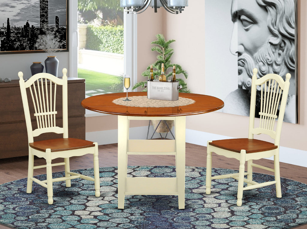 SUDO3-934-O Small Space Dining Suite Round Dropleaf Table & 2 Chairs, Buttermilk & Cherry Finish, Perfect 42 Set