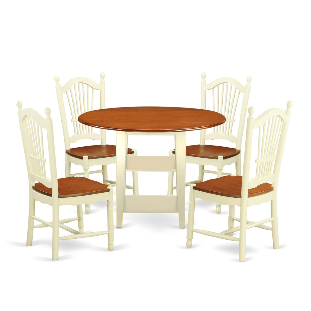 SUDO5-83S-W 5-Piece Dining Set Round Drop Leaf Table with Shelves & 4 Chairs, Buttermilk & Cherry, 42