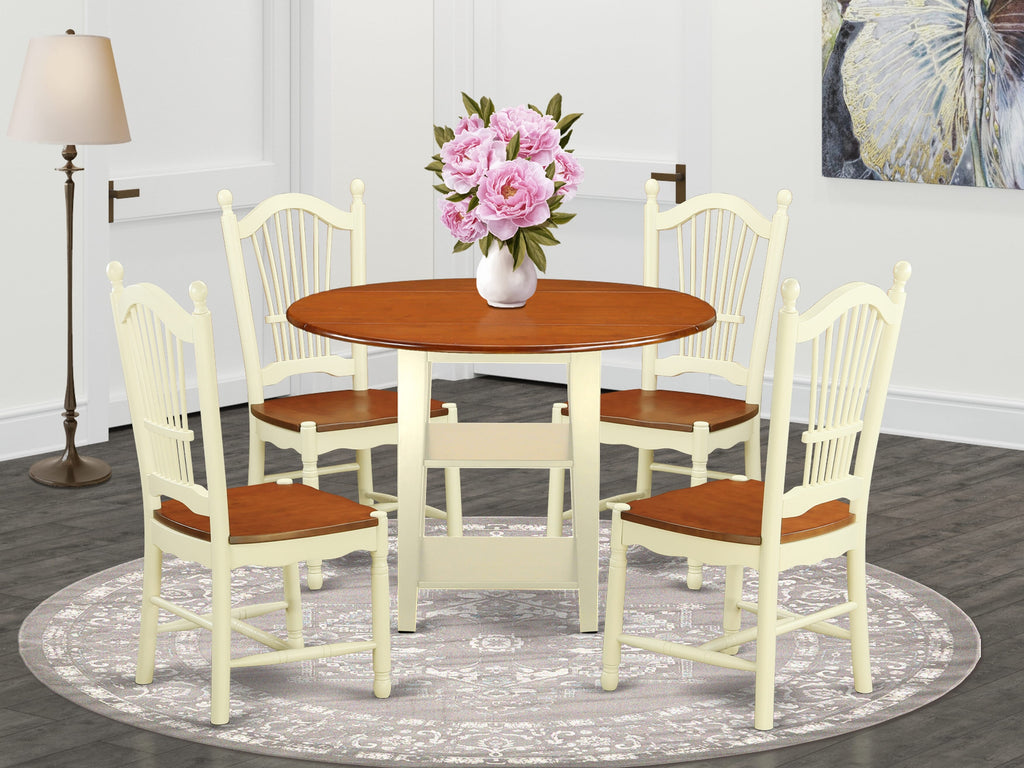 SUDO5-83S-W 5-Piece Dining Set Round Drop Leaf Table with Shelves & 4 Chairs, Buttermilk & Cherry, 42