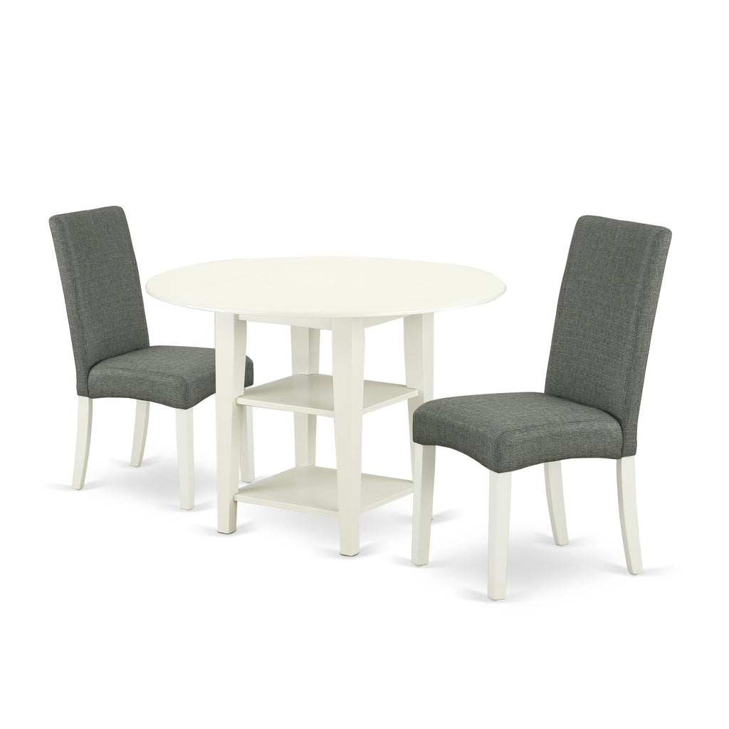 SUDR3-39Q-PW Chic 3-Piece Round Dining Ensemble with Foldable Top & Storage, Includes 2 Gray Linen Seats, 42-Inch Table, Classic Linen Finish