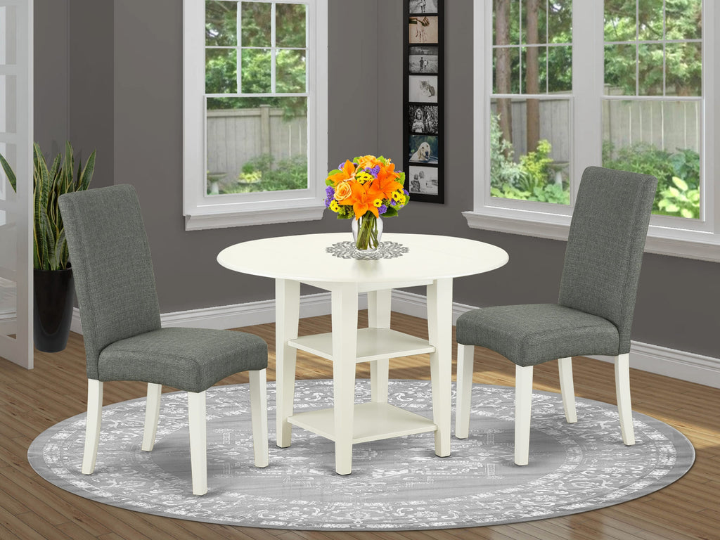 SUDR3-39Q-PW Chic 3-Piece Round Dining Ensemble with Foldable Top & Storage, Includes 2 Gray Linen Seats, 42-Inch Table, Classic Linen Finish