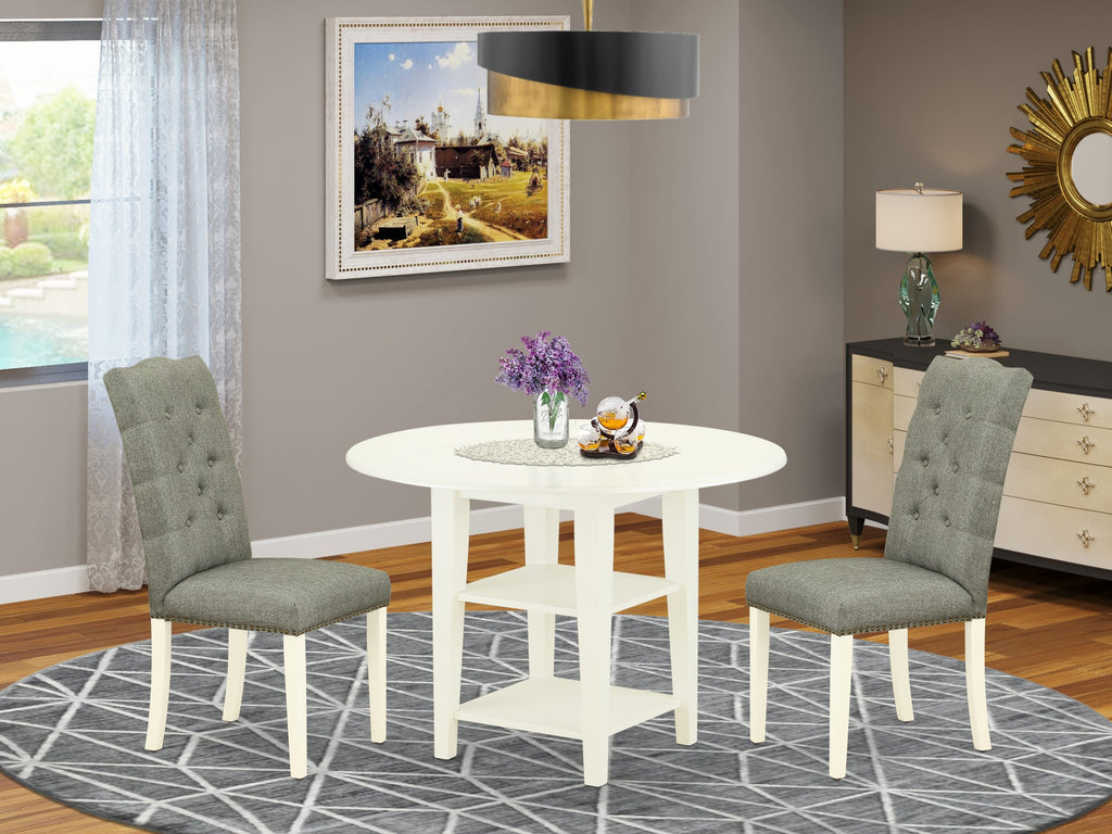 SUEL3-E5C-XU Dining Ensemble 3 Piece Set with Round Table, Dropleaf, Shelving, 2 Gray Parson Chairs, Linen White Design