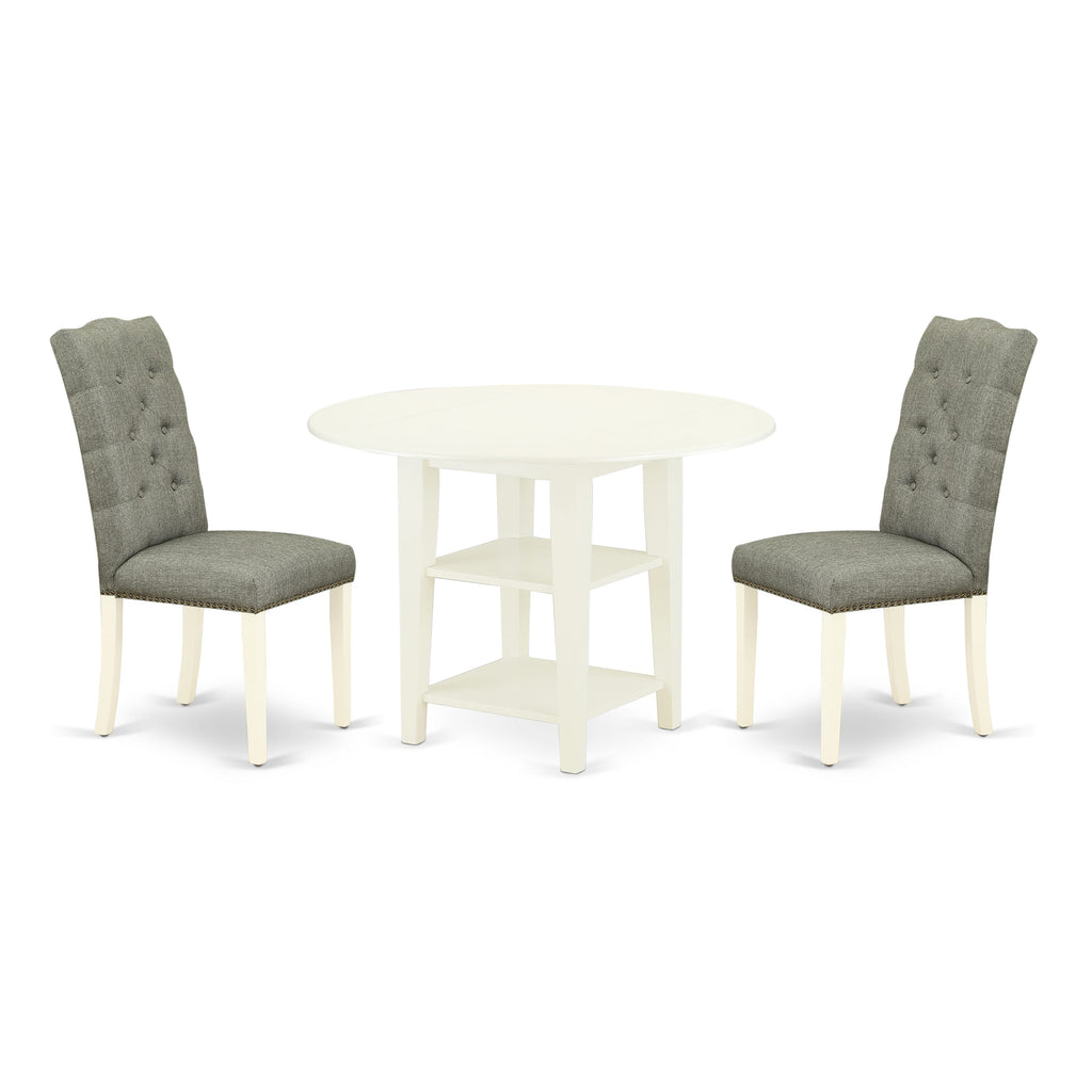 SUEL3-E5C-XU Dining Ensemble 3 Piece Set with Round Table, Dropleaf, Shelving, 2 Gray Parson Chairs, Linen White Design