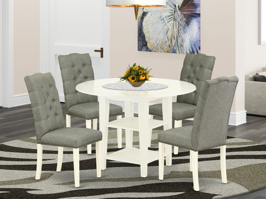 SUEL5-M44-IL Dining Set Round Kitchen Table with Dropleaf, Shelves & 4 Gray Chairs
