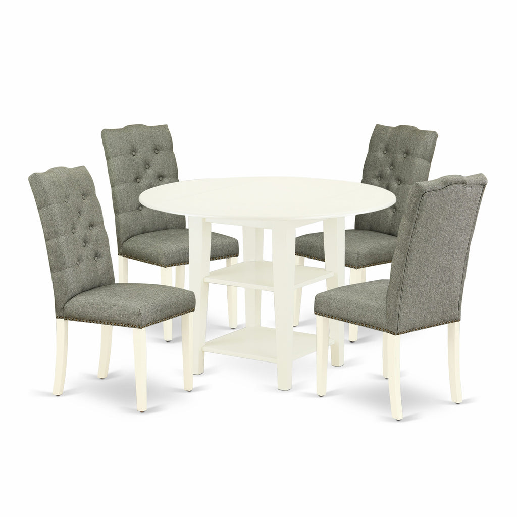 SUEL5-M44-IL Dining Set Round Kitchen Table with Dropleaf, Shelves & 4 Gray Chairs