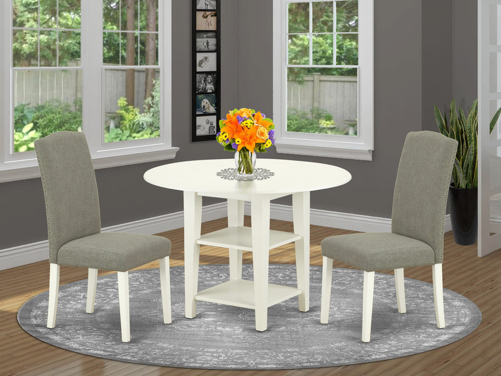 SUEN3-TUL-YF 3-Piece Dining Set with Round Drop-Leaf Table & 2 Shitake Parson Chairs in Linen White, 42