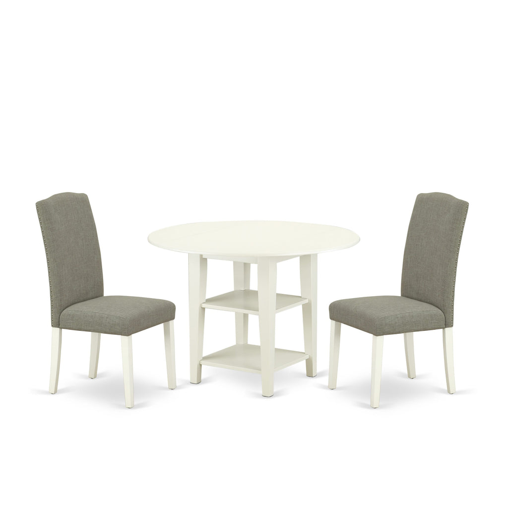SUEN3-TUL-YF 3-Piece Dining Set with Round Drop-Leaf Table & 2 Shitake Parson Chairs in Linen White, 42