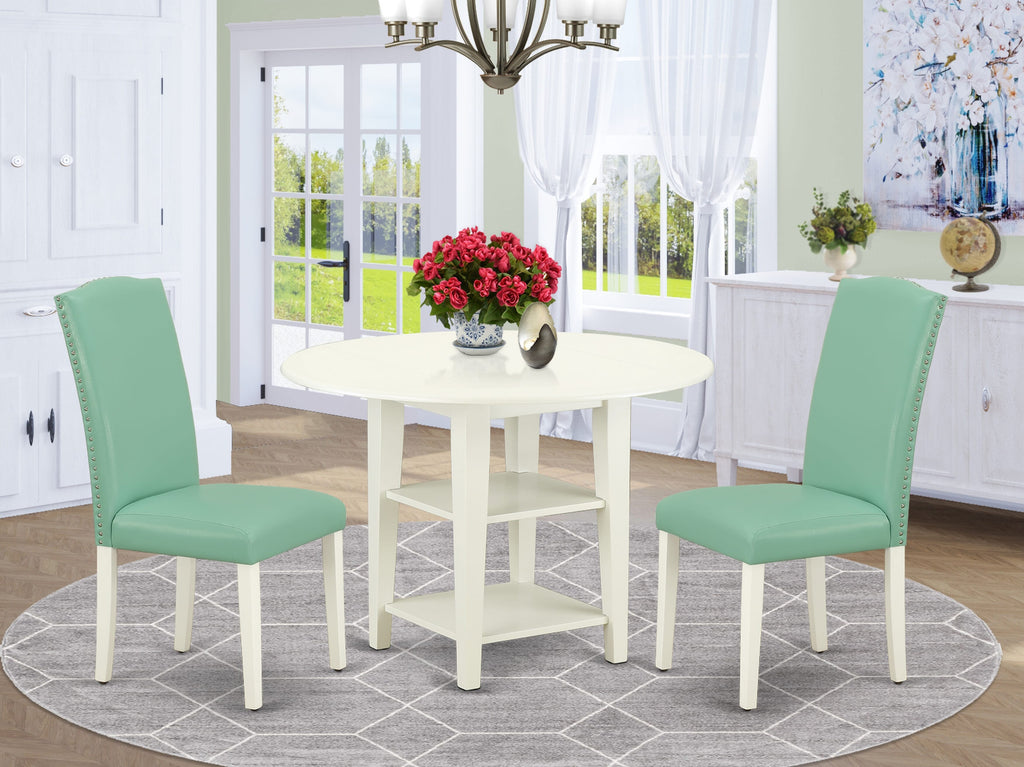 SUEN3-SC7-6G 3-Piece Dining Ensemble with Dropleaf Table and Shelved Storage Featuring Two Upholstered Faux Leather Chairs, 42-Inch, Soft White
