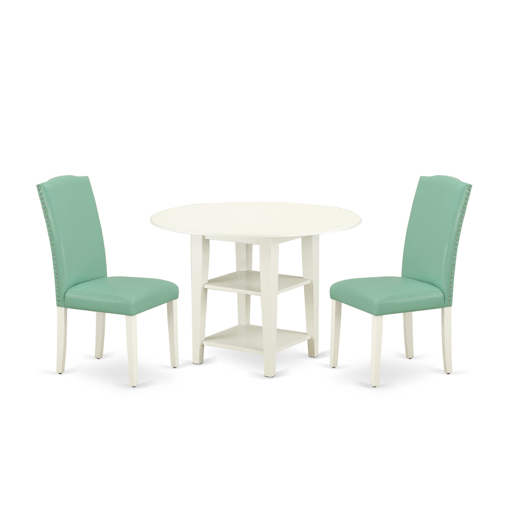 SUEN3-SC7-6G 3-Piece Dining Ensemble with Dropleaf Table and Shelved Storage Featuring Two Upholstered Faux Leather Chairs, 42-Inch, Soft White