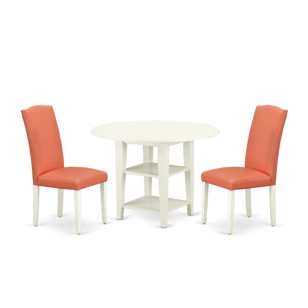 SUEN3-W35 Round Dropleaf Dining Set with Shelves and Plush Pink Faux Leather Chairs, 42 Inch Linen White
