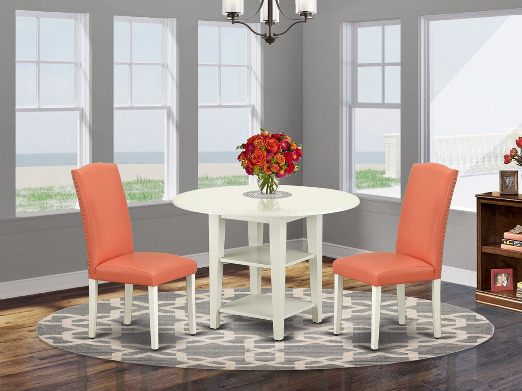 SUEN3-W35 Round Dropleaf Dining Set with Shelves and Plush Pink Faux Leather Chairs, 42 Inch Linen White